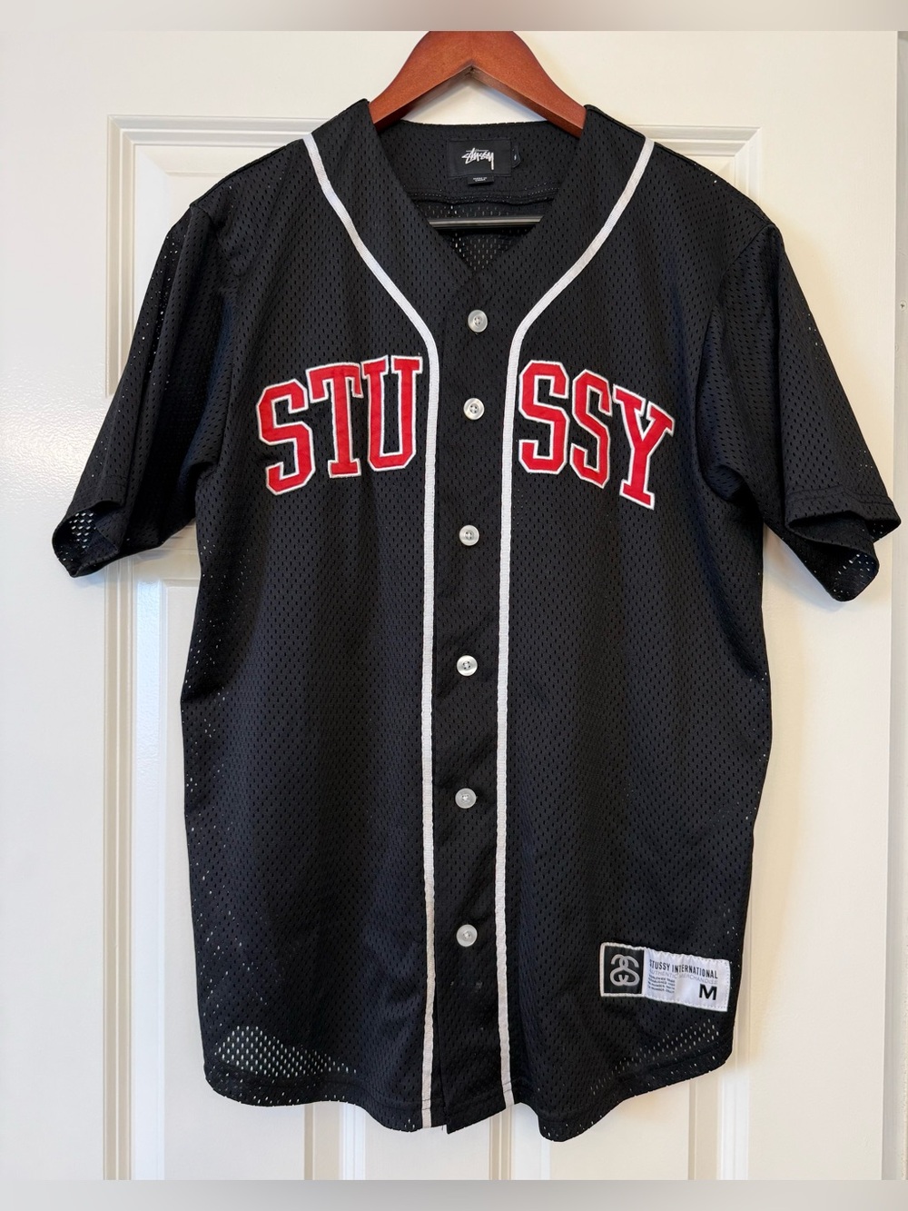 Stüssy Black Mesh Baseball Jersey size M Y2K Streetwear Graphic Button Front
